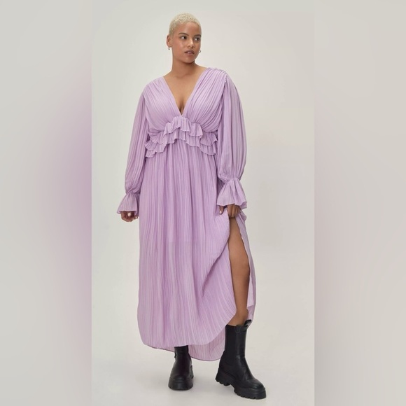 Nasty Gal Dresses & Skirts - NWT Nasty Gal Plus V-Neck Frill Detail Pleated Maxi Dress Lilac, 24W Spring Prom